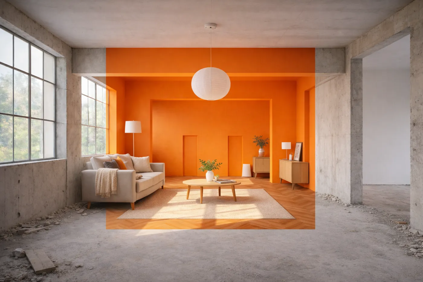 Wohnzimmer mit orangefarbener Wand, hellem Sofa und Pflanzen